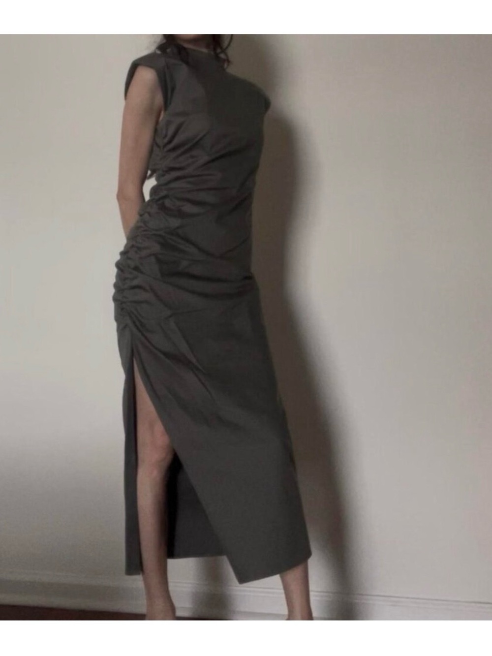 Gestuz Sunnagz Dark Army Ruched Mock Neck Midi Dress NWT Sz 36 (US 4/S)